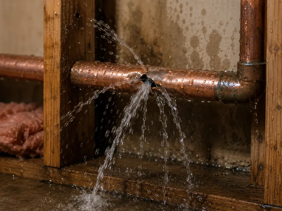 A burst supply line spraying water in a Kannapolis, NC home
